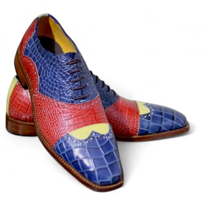 Crafted leather handmade men multi color crocodile leather lace up dress shoes
