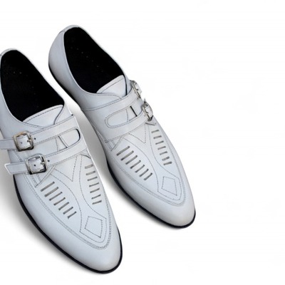 Crafted leather new handmade men's white leather duckies monk strap loafer shoes - Thumbnail 1