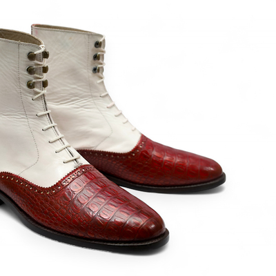Crafted leather men dress shoes red white crocodile/alligator leather ankle high boot