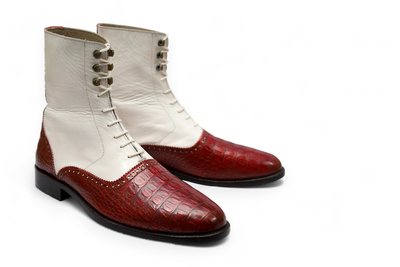 Crafted Leather Men Dress Shoes Red White Crocodile/Alligator Leather Ankle High Boot