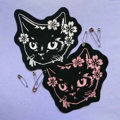 Japanese black cat & sakura cherry blssoms patch