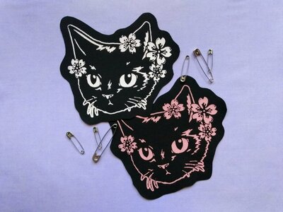 Japanese Black Cat & Sakura Cherry Blssoms Patch