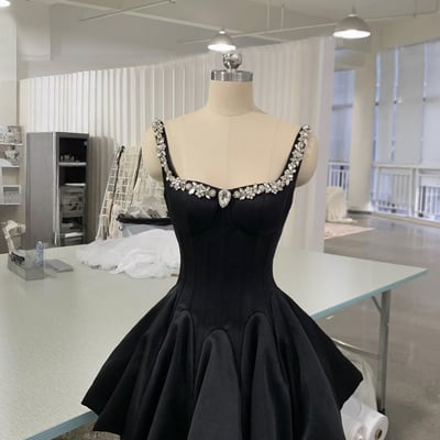 Black a-line short/mini prom party dress with rhinestones - Thumbnail 1