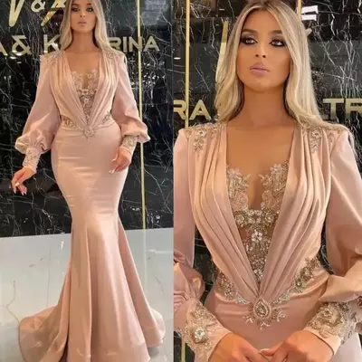 Glamorous Elegant Plus Size Evening Gowns - Pink Satin Mermaid Prom Dress, Deep V-Neck, Crystal Beading, Long Sleeves, Custom Made Pageant Party Dress