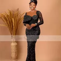 Black Mermaid Gown: Elegant Aso Ebi Style Evening Dress with Overskirt | Formal Prom Party Dresses - Thumbnail 1