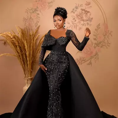 Black mermaid gown: elegant aso ebi style evening dress with overskirt | formal prom party dresses