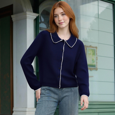 Contrast color buttoned round neck long sleeve sweater - Thumbnail 1