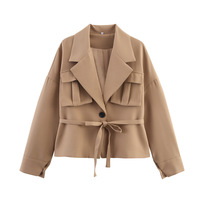 Solid color 3D pocket belt-decorated jacket top - Thumbnail 1