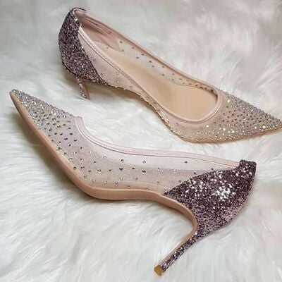 Pointed sequined rhinestone stilettos mesh high heels - Thumbnail 1
