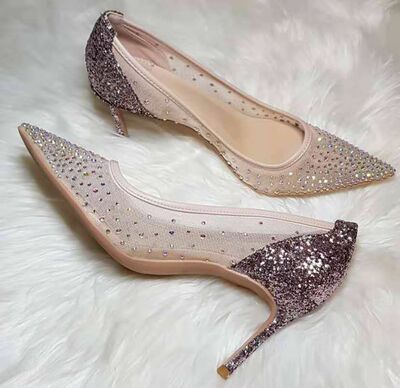 Pointed sequined rhinestone stilettos mesh high heels
