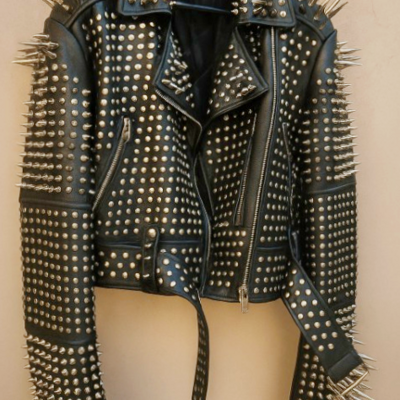 Crafted leather new classic awesome handmade women's black studded brando metal spiked leather round studs jacket - Thumbnail 3