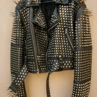 Crafted Leather New Classic Awesome Handmade Women's Black Studded Brando Metal Spiked Leather Round Studs Jacket - Thumbnail 1