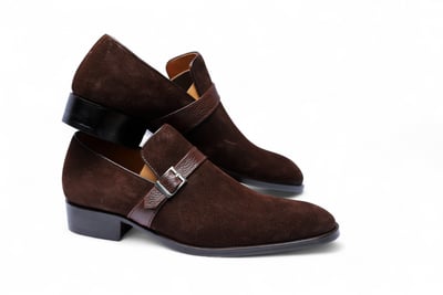 Crafted Leather Handmade Men Brown Suede Leather Monk Strap Dress Shoes
