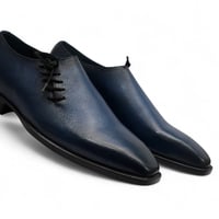Crafted Leather Men Blue Black Shaded Classic Side Laces Oxford Dress Shoes - Thumbnail 1