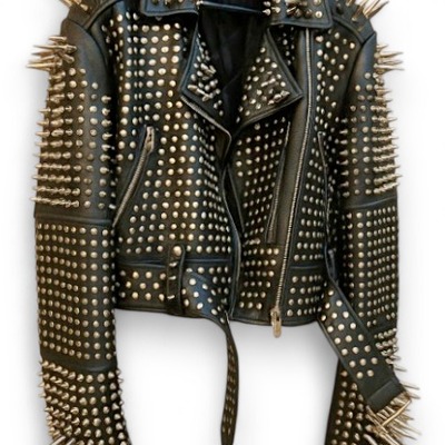 Crafted leather new classic awesome handmade women's black studded brando metal spiked leather round studs jacket