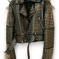 Crafted Leather New Classic Awesome Handmade Women's Black Studded Brando Metal Spiked Leather Round Studs Jacket - Thumbnail 1
