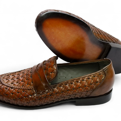 Crafted leather handmade men brown woven leather moccasin loafers formal dress shoes - Thumbnail 4