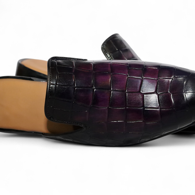 Crafted leather handmade classic purple patina crocodile/alligator leather mules, men leather dress slippers shoes - Thumbnail 1