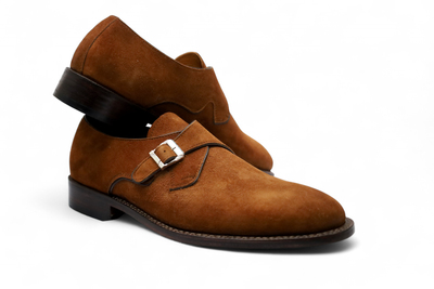 Crafted Leather Handmade Men Brown Suede Leather Monk Strap Dress Shoes
