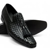 Crafted Leather Men Elegant Classic Black Woven Leather Dress Shoes - Thumbnail 1