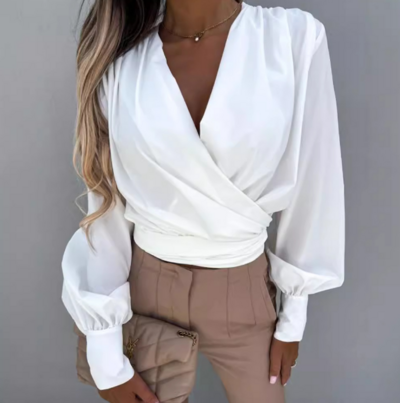 V-Neck Solid Color Long Sleeved White Top