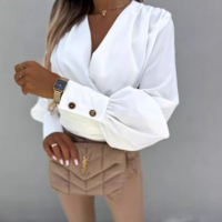 V-Neck Solid Color Long Sleeved White Top - Thumbnail 1