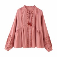 Street Fashion Contrast Embroidered Long Sleeve Shirt - Thumbnail 1