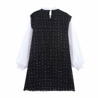 Temperamental and fashionable spliced ​​woolen A-line dress - Thumbnail 1