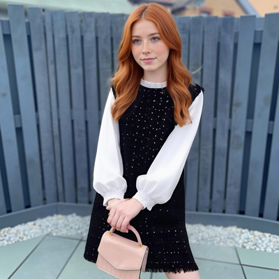 Temperamental and fashionable spliced ​​woolen A-line dress