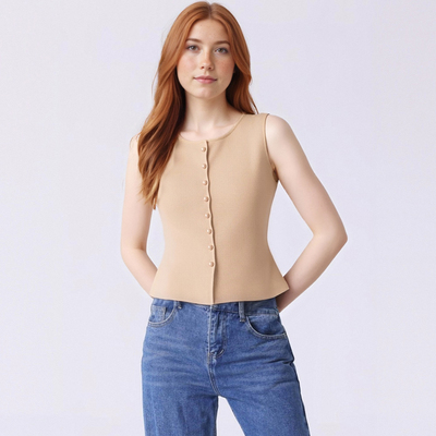 Fashionable A-line buttoned round neck sleeveless vest