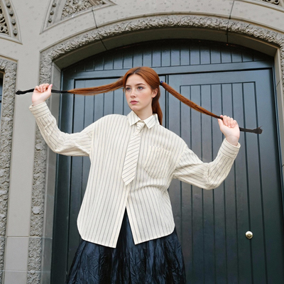 Fashion tie loose striped long-sleeved shirt