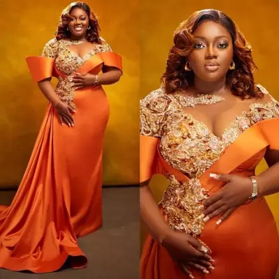 Orange satin plus size prom dresses for african black women sparkly embellishment sexy special occasion evening gowns long sleeved second dress