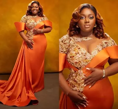 Orange Satin Plus Size Prom Dresses For African Black Women Sparkly Embellishment Sexy Special Occasion Evening Gowns Long Sleeved Second Dress