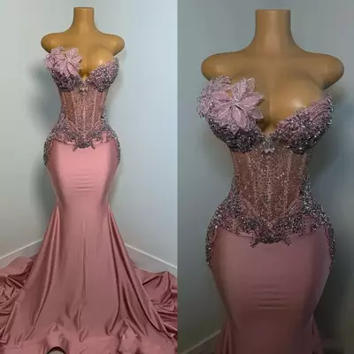 Dusty pink evening dress with sparkly crystals embellishment for african black women handmade flower special occasion prom gowns trumpet dress