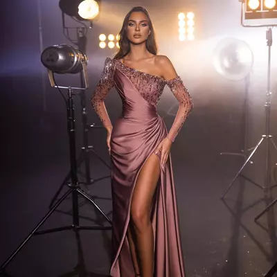Elegant dark pink evening dresses off shoulder beads long sleeves party prom dress pleats split formal long red carpet dress 