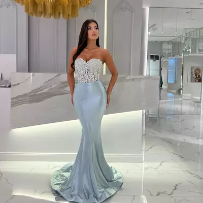 Elegant sky blue mermaid evening dresses beads sweetheart party prom dress pleats long dress 
