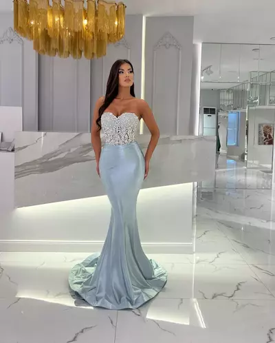 Elegant Sky Blue Mermaid Evening Dresses Beads Sweetheart Party Prom Dress Pleats Long Dress 