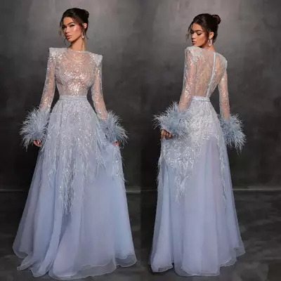 Elegant blue evening dresses illusion long sleeves party prom dress sequins feathers cuff formal long red carpet dress  - Thumbnail 1