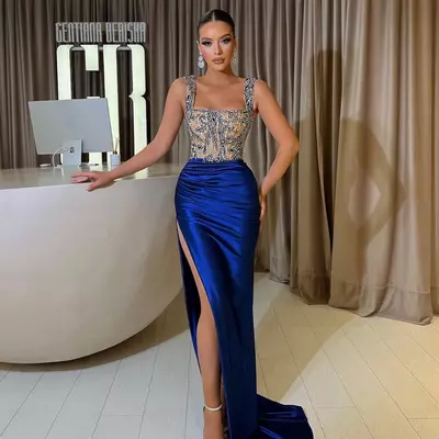 Royal blue prom dresses beads top straps party evening dress pleats thigh slit formal long special occasion dress - Thumbnail 2