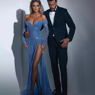 Gorgeous blue crystal mermaid evening dresses long sleeves elegant off shoulder beaded prom dress thigh split formal dresses for women