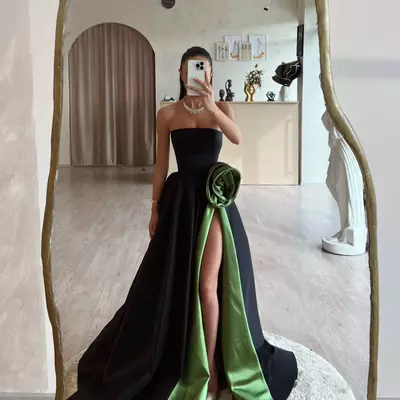 Stunning black green prom dress a line strapless satin prom dresses front split ruched train backless formal evening dresses elegant - Thumbnail 1