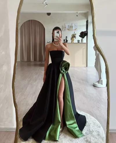 Stunning black green Prom Dress a line strapless satin prom dresses front split ruched train backless formal evening dresses elegant