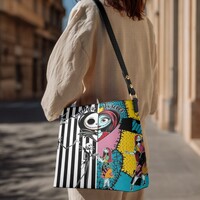 Nightmare Before Christmas Jack & Sally Pop Art Patchwork Leather Bucket Bag | Free Ship  JTPRT - Thumbnail 5