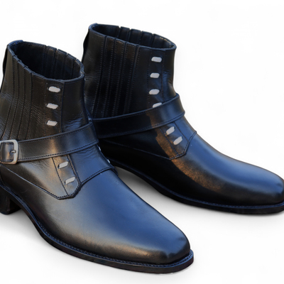 Crafted leather classic black buckle strap leather jodhpur boot