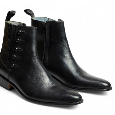 Crafted leather classic black calf leather side zipper button jodhpur boot