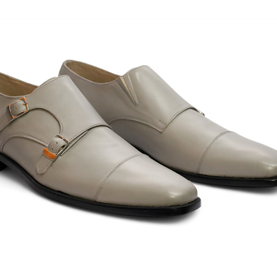 Crafted leather classic gray leather double monk strap dress shoes - Thumbnail 1