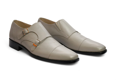 Crafted Leather Classic Gray Leather Double Monk Strap Dress Shoes