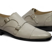 Crafted Leather Classic Gray Leather Double Monk Strap Dress Shoes - Thumbnail 1