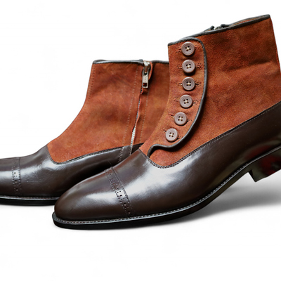 Crafted leather men brown suede ankle high button boot