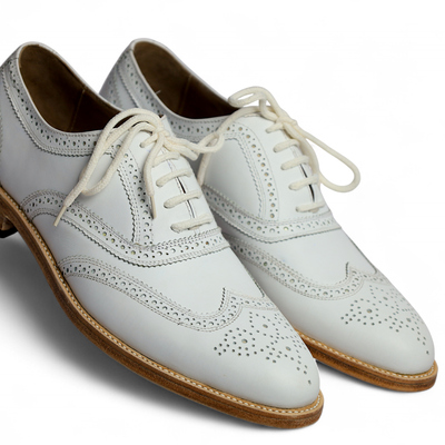 Crafted leather handmade classic wingtip white leather dress shoes - Thumbnail 1